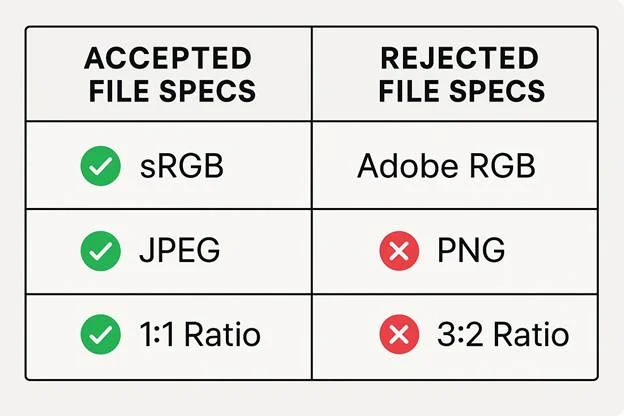 table-style graphic showing “Accepted File Specs” vs. “Rejected File Specs,” emphasizing sRGB, JPEG, and 1:1 ratio