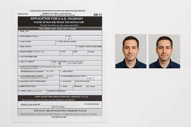DS-11 form placed beside two crisp 2×2 printed photos on a white surface