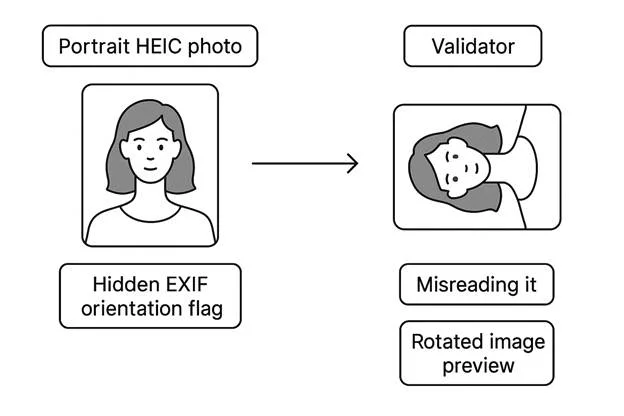 diagram showing a portrait HEIC photo with a hidden EXIF orientation flag, and a validator misreading it, resulting in a rotated image preview.