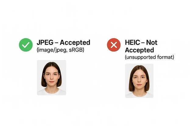 compliance checklist graphic of JPEG - accepted, and HEIC passport photo format - not aeccepted
