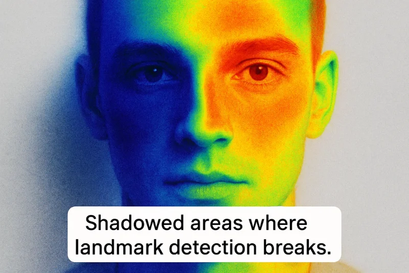 Heatmap showing how landmark points fail in shadowed regions. Caption: “Shadowed areas where landmark detection breaks.”