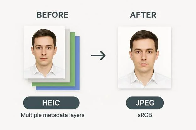 before-and-after diagram showing an HEIC file with multiple metadata layers being converted into a clean, single-layer sRGB JPEG. Modern, minimal layout