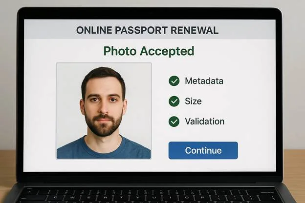 screen showing an online passport renewal portal with a “Photo Accepted” confirmation