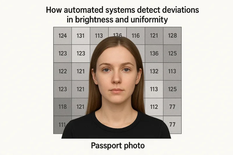 Diagram showing a portrait with a grid of brightness measurements, captioned: "How systems detect brightness deviations."