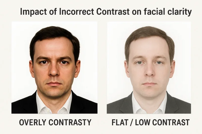 Side-by-side showing overly contrasty image vs very flat low-contrast image. Caption: “Impact of incorrect contrast on facial clarity.”