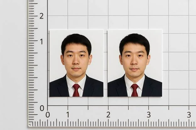 two physical 2×2 printed passport photos on a white table