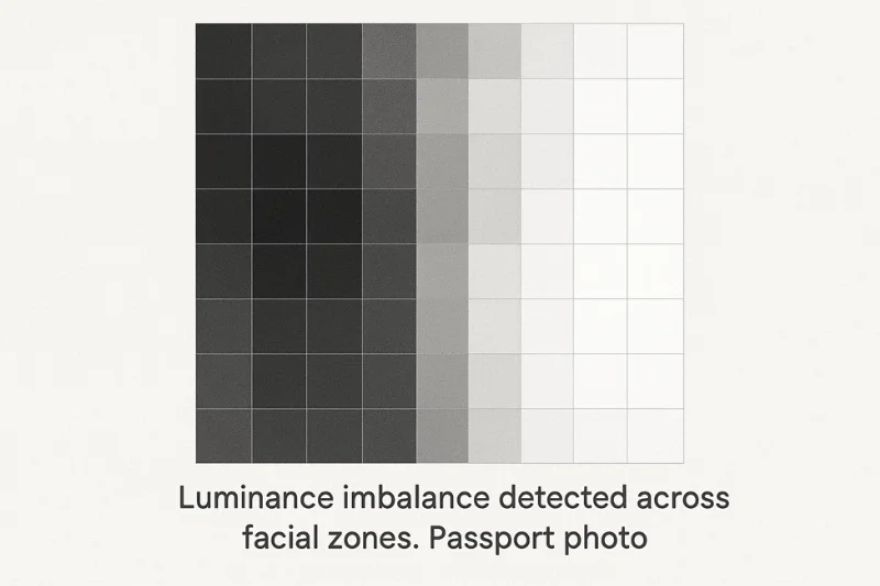 Grid of luminance values showing one side significantly brighter. Caption: “Luminance imbalance detected across facial zones.”