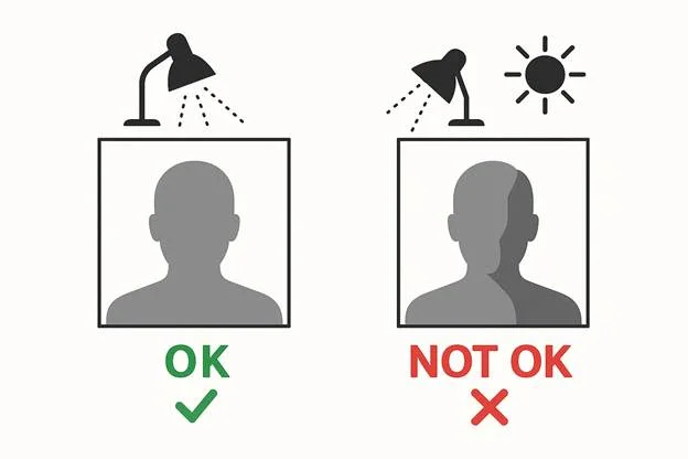 diagram showing a white background with sample “OK” and “Not OK” lighting zones, no person included