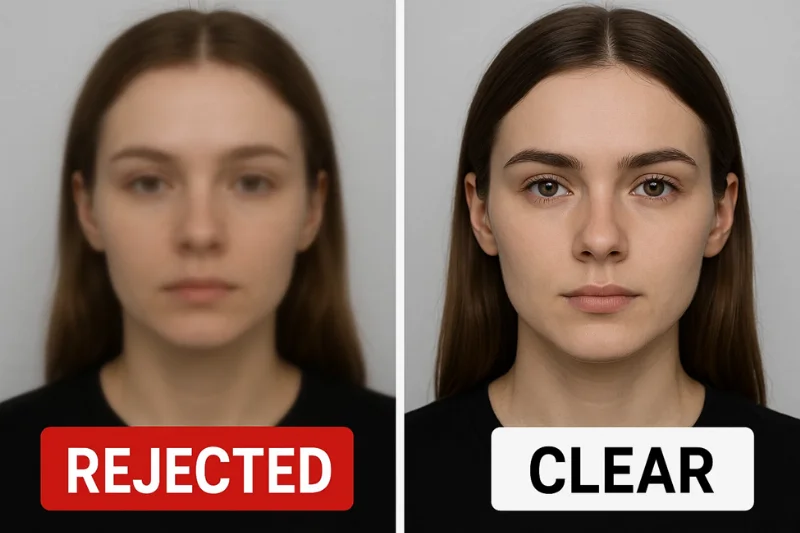 Side-by-side close-up: blurry eyebrows marked “Rejected” and sharp image labeled “Clear.”