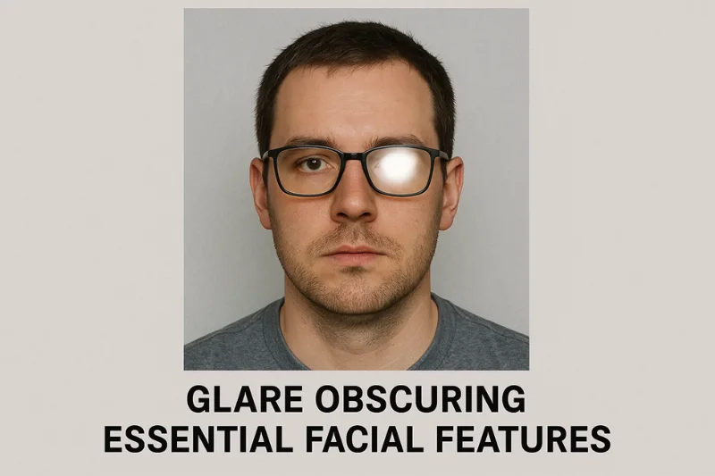 Portrait with bright glare blocking one eye behind glasses. Caption: “Glare obscuring essential facial features.”