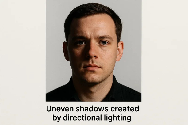 Portrait where one cheek and part of the jaw are dark while the opposite side is well lit. Caption: “Uneven shadows created by directional lighting.”