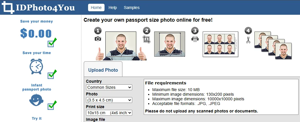 Screenshot of IDPhoto4You passport photo tool