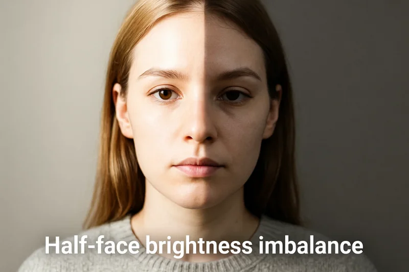 Split-face example where one side is blown out while the other is dull. Caption: “Half-face brightness imbalance.”