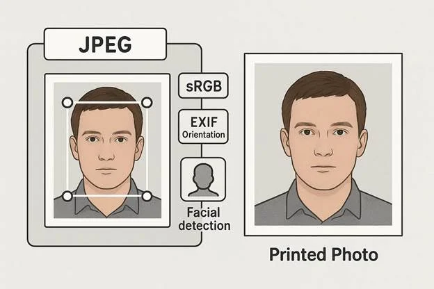 JPEG file with sRGB tag, EXIF orientation tag, and facial detection markers