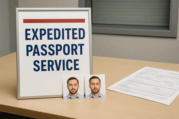 A sign for an expedited passport service window, with printed 2×2 photos placed on the counter next to the applicant’s documents