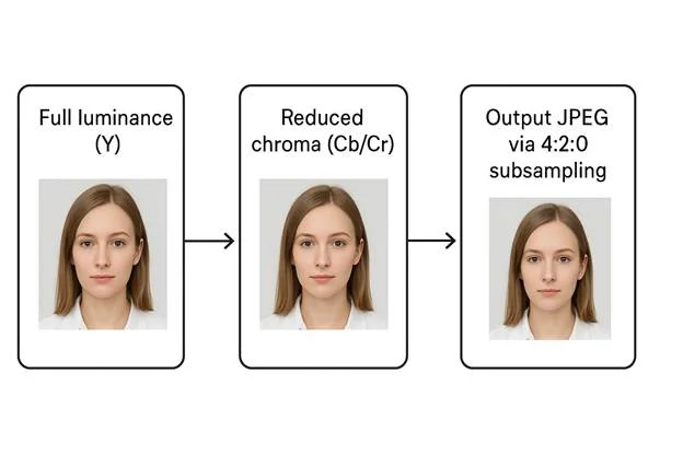 three blocks: “Full luminance (Y)”, “Reduced chroma (Cb/Cr)”, and “Output JPEG via 4:2:0 subsampling”.
