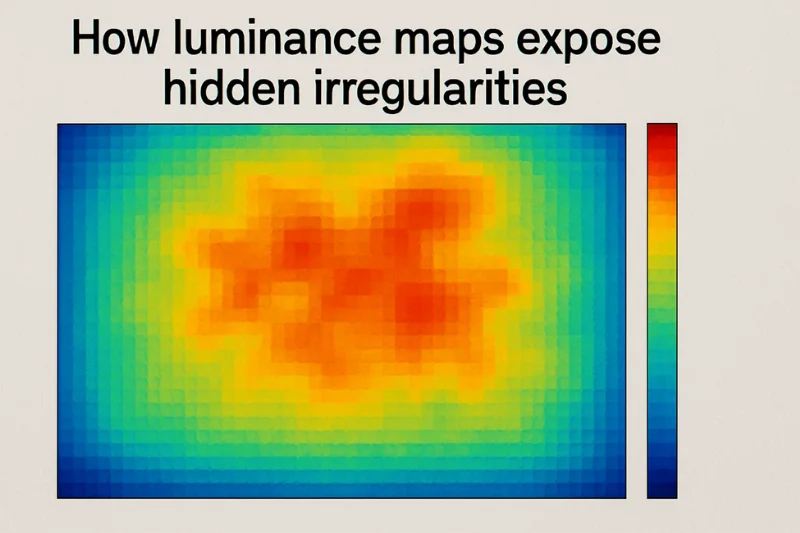 Heatmap showing brightness distribution across a wall. Caption: “How luminance maps expose hidden irregularities.”