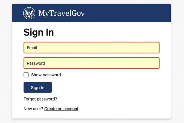 screenshot-style mockup showing the MyTravelGov “Sign In” page with login fields highlighted
