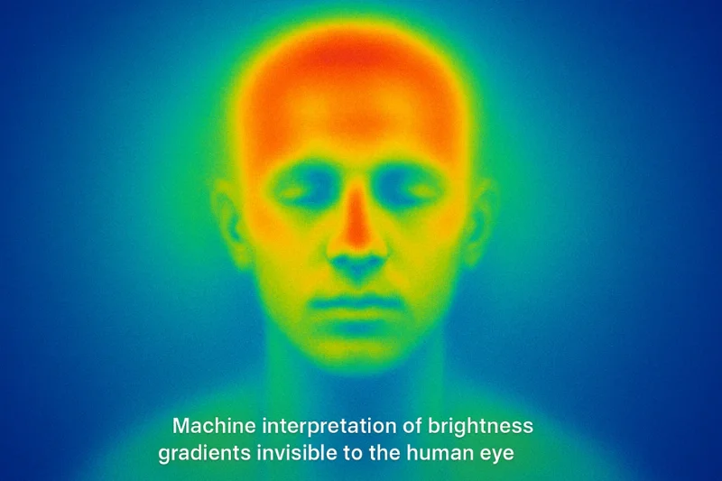 Heatmap showing luminance distribution across a face and background, captioned: "Machine interpretation of brightness gradients."