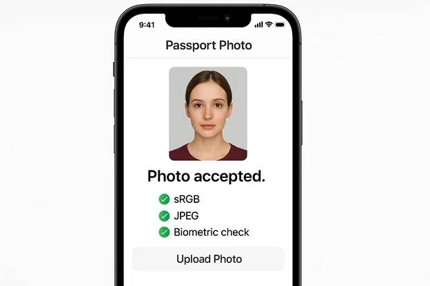 smartphone screen displaying a passport photo upload interface