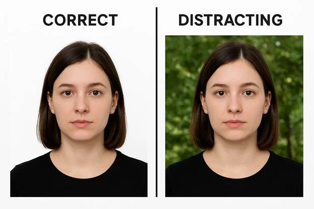 side-by-side comparison of a passport photo with a correct plain background and one with a distracting background