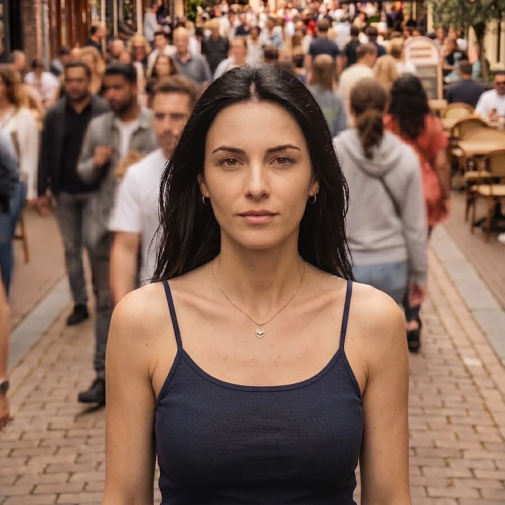 correct pose and framing, but sleeveless tank top and crowded background