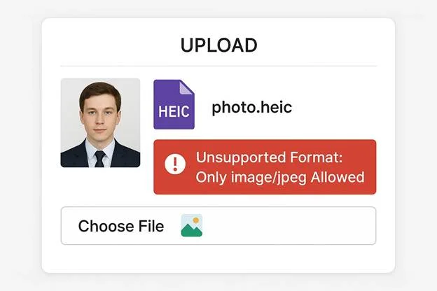 screen showing an HEIC file with a red error banner reading “Unsupported Format: Only image/jpeg Allowed.”