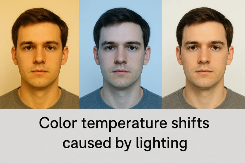 One photo with warm yellow tint, one with blue tint, one neutral. Caption: “Color temperature shifts caused by lighting."