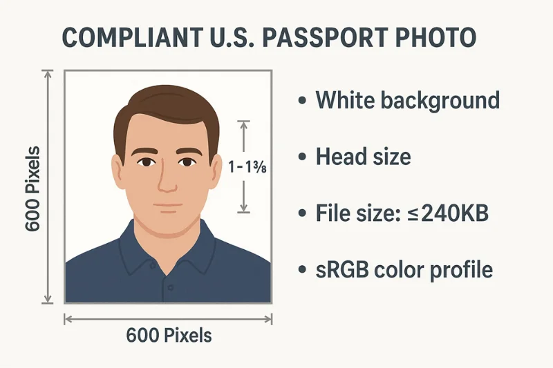 Infographic showing correct pixel size, white background, head ratio, file size, and sRGB color profile for a compliant U.S. passport photo