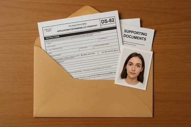 An open envelope containing a DS-82 form, a printed 2×2 photo, and supporting documents, arranged neatly for mailing