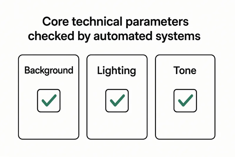 Clean checklist-style graphic showing three columns labeled “Background,” “Lighting,” and “Tone.” Caption: “Core technical parameters checked by automated systems.”