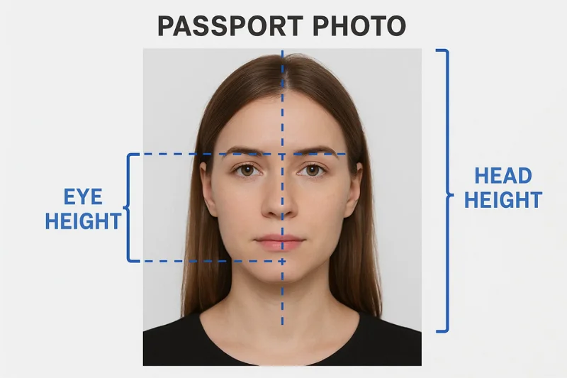 Diagram highlighting correct head-to-frame ratio and eye height alignment