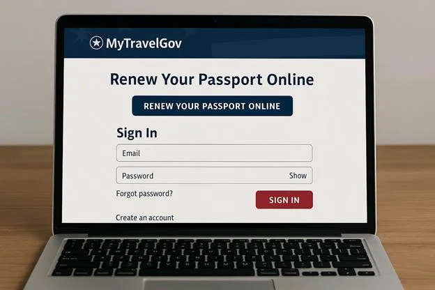 A laptop screen displaying the MyTravelGov login page, showing a clear “Renew Your Passport Online” button