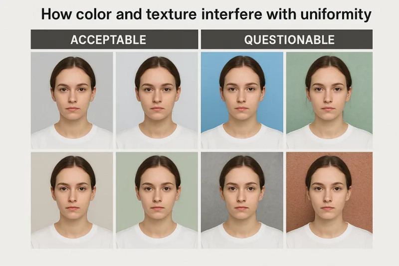 Comparison grid of acceptable vs questionable background colors and textures. Caption: “How color and texture interfere with uniformity.”