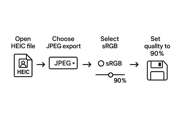 step-by-step graphic showing: “1. Open HEIC file → 2. Choose JPEG export → 3. Select sRGB → 4. Set quality to 90% → 5. Save.”