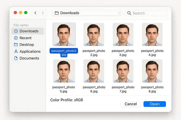 example file-selection window with the chosen JPEG highlighted and text showing “Color Profile: sRGB.”
