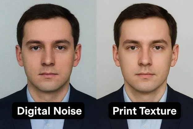 digital photo with visible pixel compression blocks and printed photo scanned at high resolution showing smoother gradients