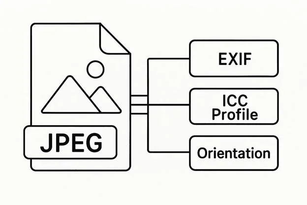 technical-style diagram showing a JPEG file icon with metadata blocks labeled EXIF, ICC Profile, and Orientation