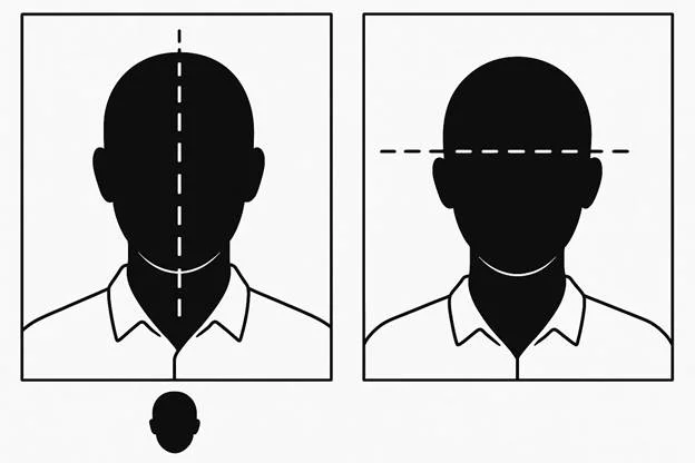 simple outline diagram showing correct head alignment and eye placement, using faceless silhouettes only
