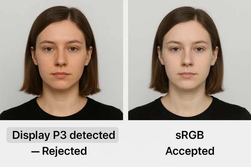 Example showing “Display P3 detected — Rejected” vs “sRGB — Accepted.”