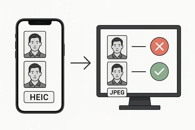 iPhone generating a HEIC file on the left and a computer rejecting the upload, contrasted with a JPEG file being accepted