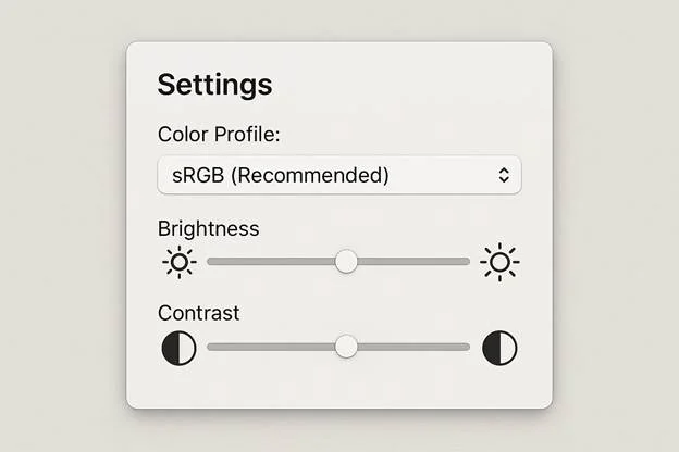 A settings panel mock-up showing a dropdown menu with “Color Profile: sRGB (Recommended)” selected