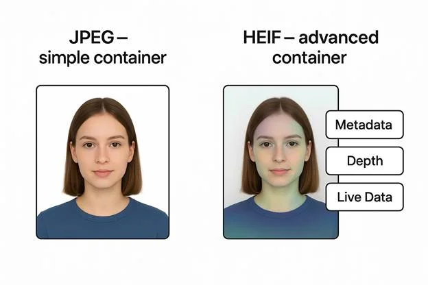 JPEG — simple container, and HEIF — advanced container with metadata, depth, and live data