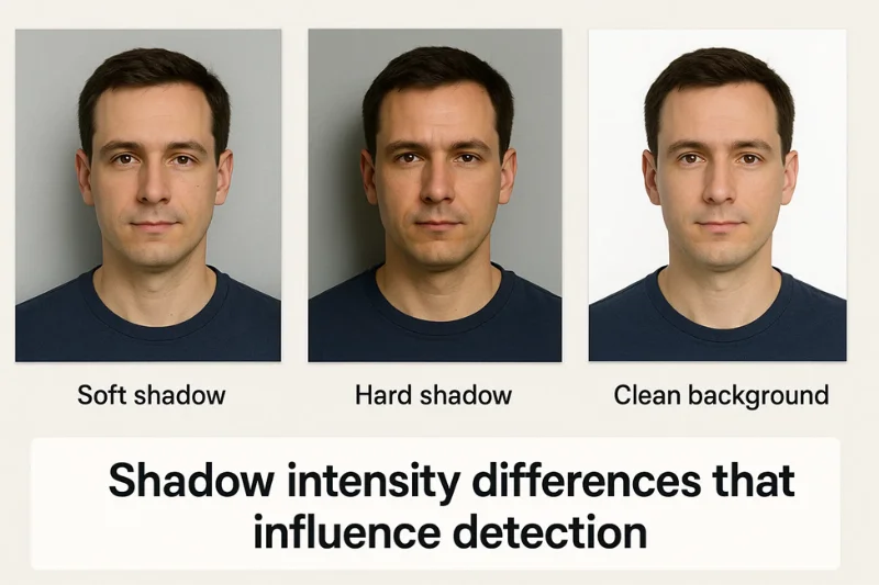 Three examples - soft shadow, hard shadow, and clean background. Caption: “Shadow intensity differences that influence detection.”