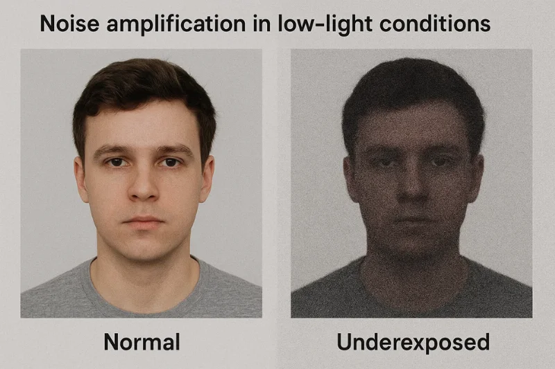 Side-by-side showing normal vs underexposed face with heavy grain. Caption: “Noise amplification in low-light conditions.”