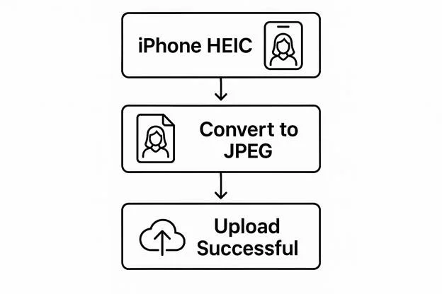 flowchart showing “iPhone HEIC → Convert to JPEG → Upload Successful.”