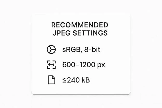 recommended JPEG settings: “sRGB, 8-bit, 600–1200 px, ≤240 kB.”