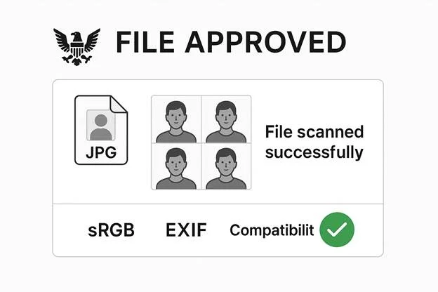 A government-style “file approved” interface showing a JPEG file being scanned successfully